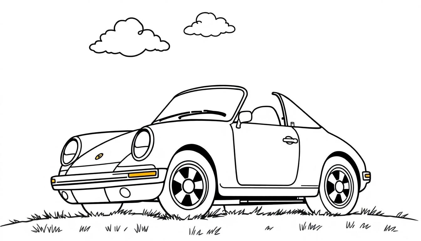Schwarz-weiße Farbtafel-Zeichnung eines stilisierten Autos, das wie ein Porsche Targa aussieht, steht auf Gras unter zwei Wolken.