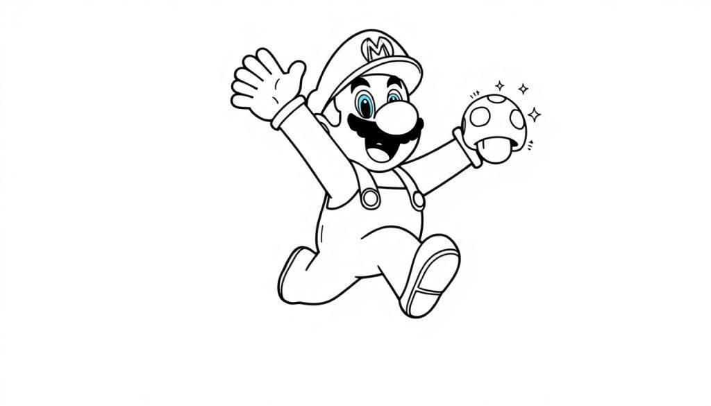 Schwarz-Weiß-Farbtafel von Mario im Umrissstil, der mit einem leuchtenden Pilz springt.