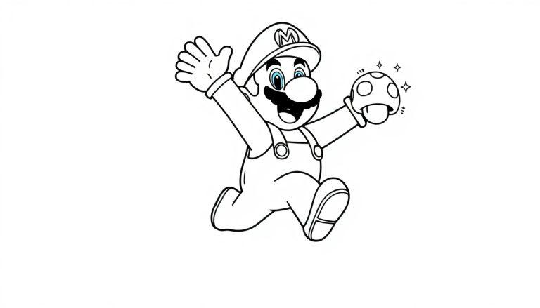 Schwarz-Weiß-Farbtafel von Mario im Umrissstil, der mit einem leuchtenden Pilz springt.