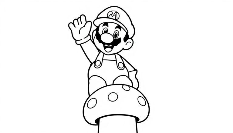 Schwarz-Weiß-Farbtafel von Mario auf einem Pilz, der winkt.
