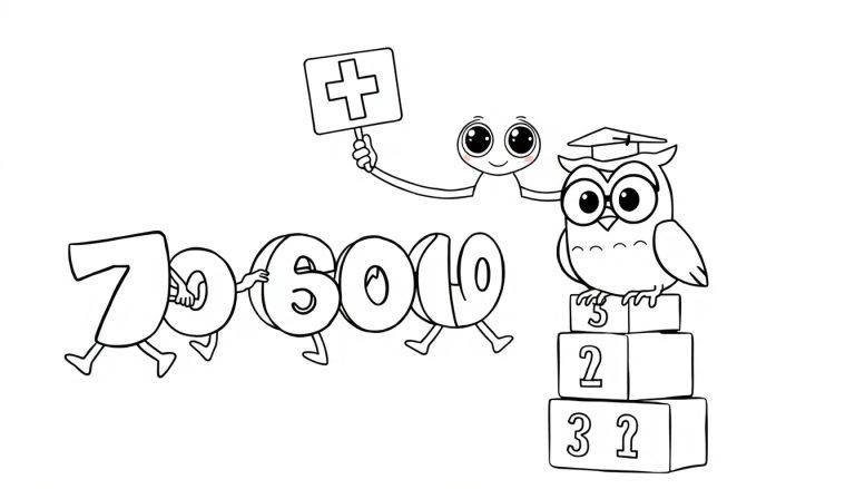 Schwarz-Weiß-Cartoon-Farbtafel mit laufenden Zahlen und einer Eule mit akademischem Hut, die Mathematik lehrt.