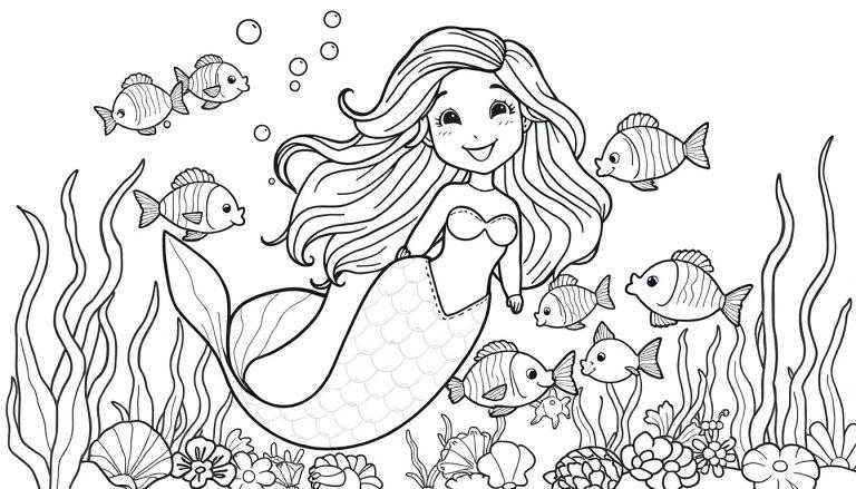 Eine fröhliche Meerjungfrau mit langem Haar und einem Fischschwanz winkt vor einer bunten Unterwasser-Farbtafel. Kindergerechte Schwarz-Weiß-Zeichnung.