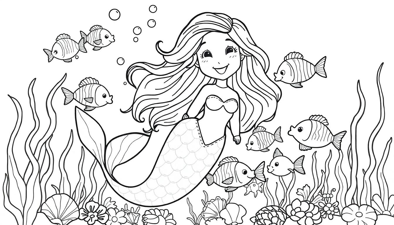 Eine fröhliche Meerjungfrau mit langem Haar und einem Fischschwanz winkt vor einer bunten Unterwasser-Farbtafel. Kindergerechte Schwarz-Weiß-Zeichnung.