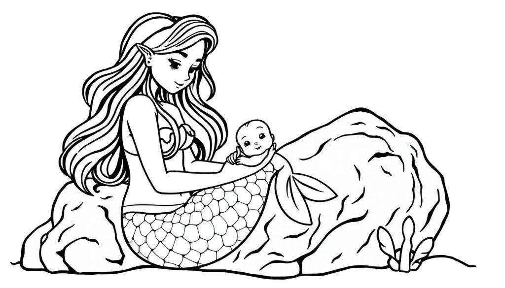 Schwarz-Weiß-Umrisszeichnung einer Meerjungfrau mit langen Haaren und Fischflosse, die ein Baby in ihren Armen auf einem Felsen hält. Wasserpflanzen und Korallen sind am Fuß des Felsens sichtbar.