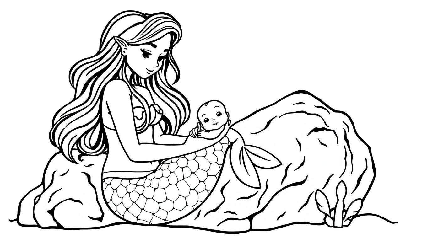 Schwarz-Weiß-Umrisszeichnung einer Meerjungfrau mit langen Haaren und Fischflosse, die ein Baby in ihren Armen auf einem Felsen hält. Wasserpflanzen und Korallen sind am Fuß des Felsens sichtbar.