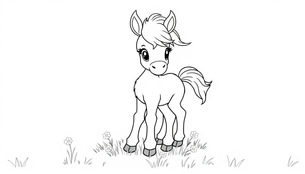Ein süßes Cartoon-Pony als Farbtafel, bereit zum Ausmalen.
