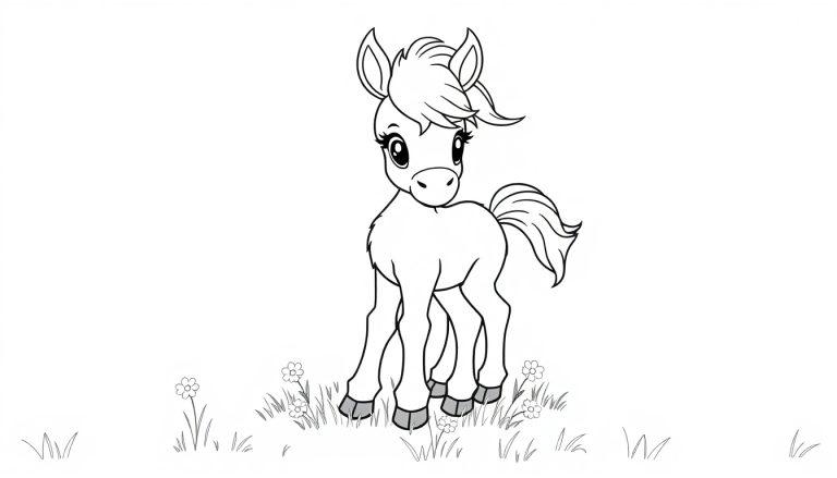 Ein süßes Cartoon-Pony als Farbtafel, bereit zum Ausmalen.