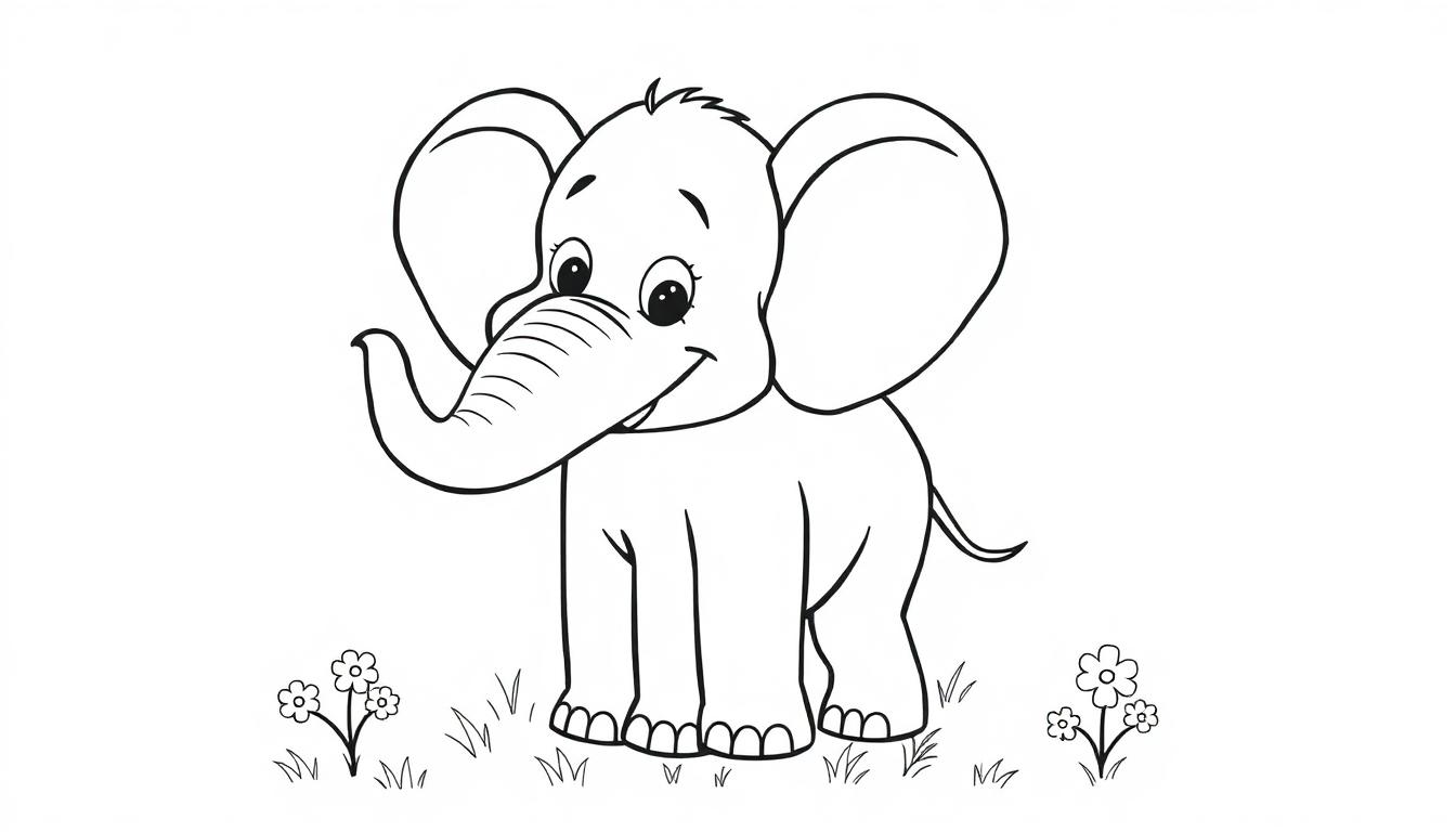 Eine Schwarz-Weiß-Farbtafel-Zeichnung eines freundlichen Cartoon-Elefanten mit großen Ohren und einem aufgerollten Rüssel, der in einer einfachen Landschaft steht.