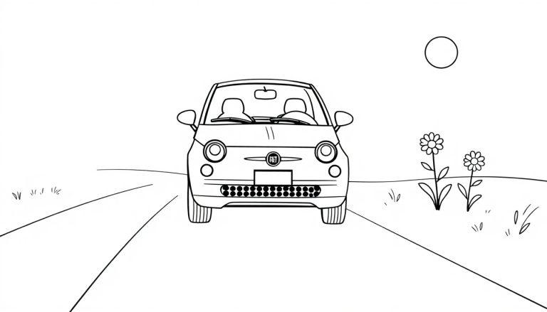 Eine Schwarz-Weiß-Farbtafel eines niedlichen Fiat 500 auf einer Straße mit Gänseblümchen und einem Kreis am Himmel.