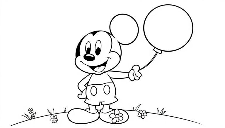 Schwarz-weiße Farbtafel von Mickey Mouse mit Ballons, bereit zum Ausmalen.