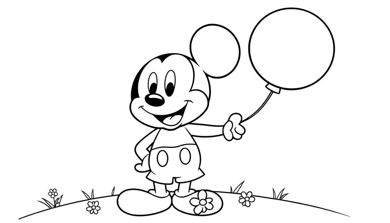 Schwarz-weiße Farbtafel von Mickey Mouse mit Ballons, bereit zum Ausmalen.