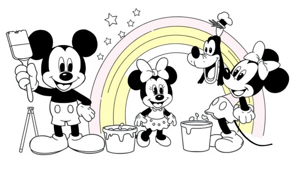 Schwarz-weiß Farbtafel: Micky Maus und Freunde malen einen Regenbogen.