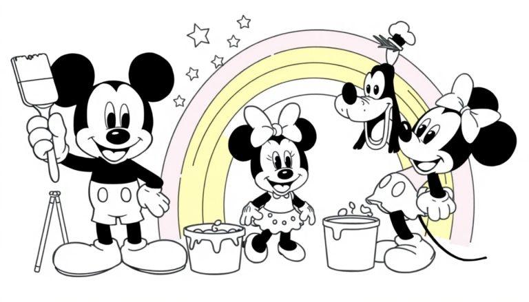 Schwarz-weiß Farbtafel: Micky Maus und Freunde malen einen Regenbogen.
