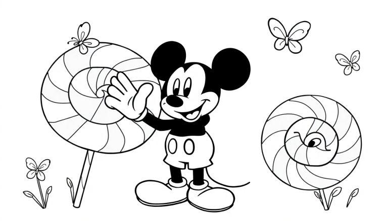 Mickey Maus steht vor riesigen Spiral-Lollis, eine Farbtafel zum Ausmalen.