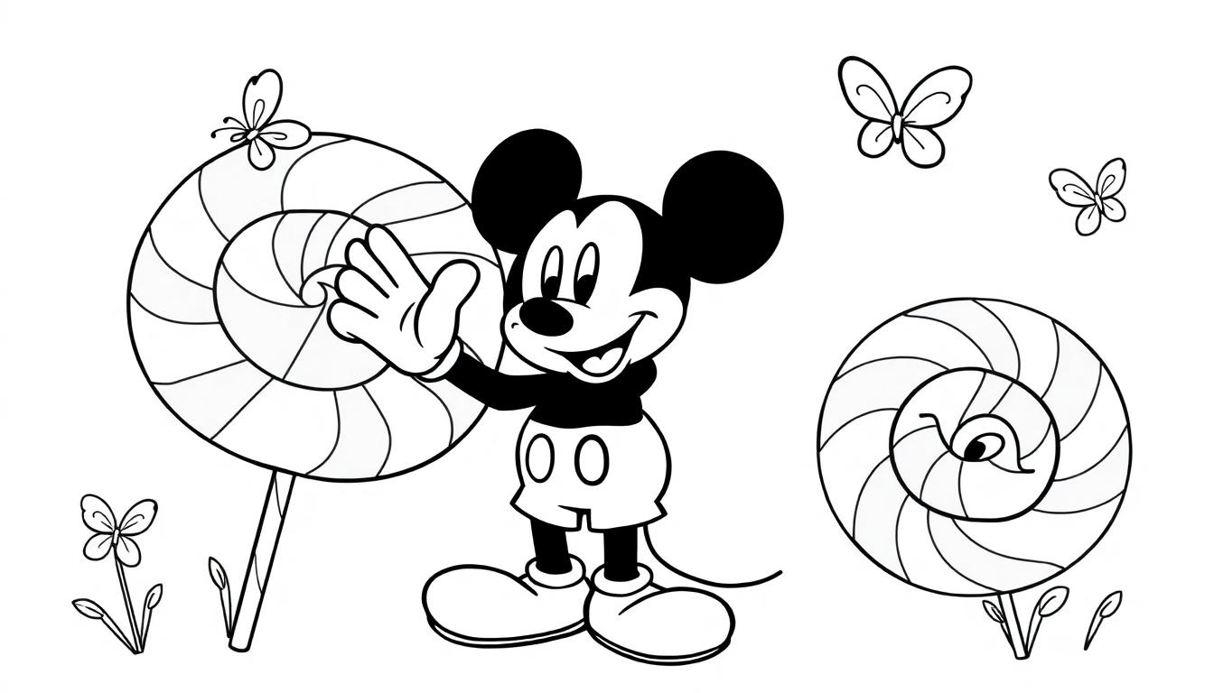 Mickey Maus steht vor riesigen Spiral-Lollis, eine Farbtafel zum Ausmalen.