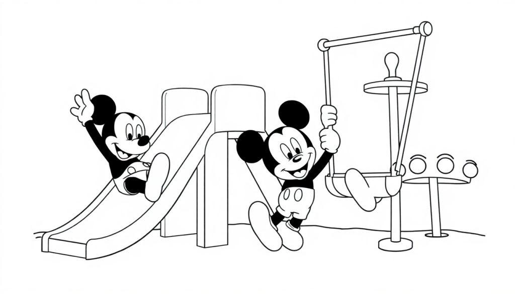 Eine Schwarz-Weiß-Farbtafel von Micky Maus auf einem Spielplatz, der auf einer Rutsche herunterrutscht und mit einer Hand winkt, und Minnie Maus schwingt auf einer Schaukel.