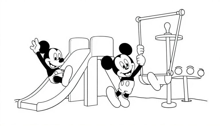 Eine Schwarz-Weiß-Farbtafel von Micky Maus auf einem Spielplatz, der auf einer Rutsche herunterrutscht und mit einer Hand winkt, und Minnie Maus schwingt auf einer Schaukel.