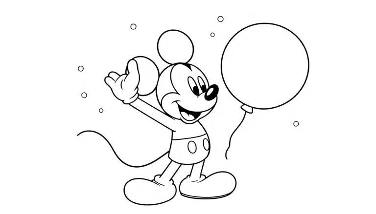 Farbtafel: Micky Maus winkt fröhlich und hält einen Ballon, umgeben von Punkten und Linien.