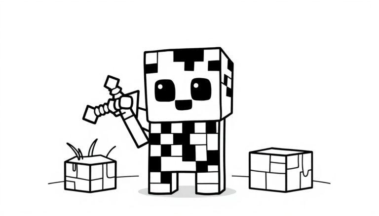 Minecraft-Farbtafel: Niedlicher Creeper mit Schwert und Grasblock.