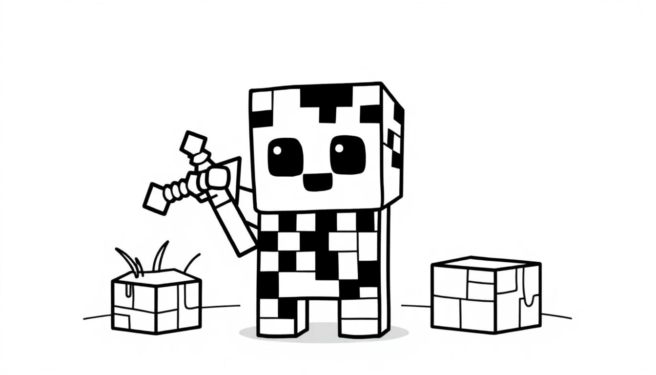 Minecraft-Farbtafel: Niedlicher Creeper mit Schwert und Grasblock.