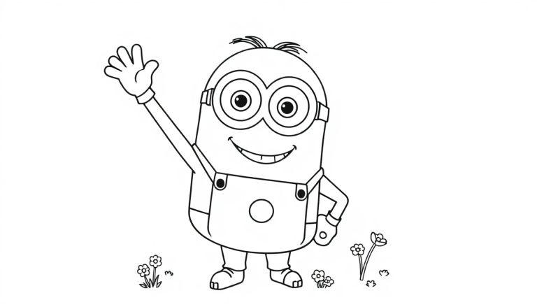 Schwarz-weiße Farbtafel-Zeichnung eines Minions, der winkt.