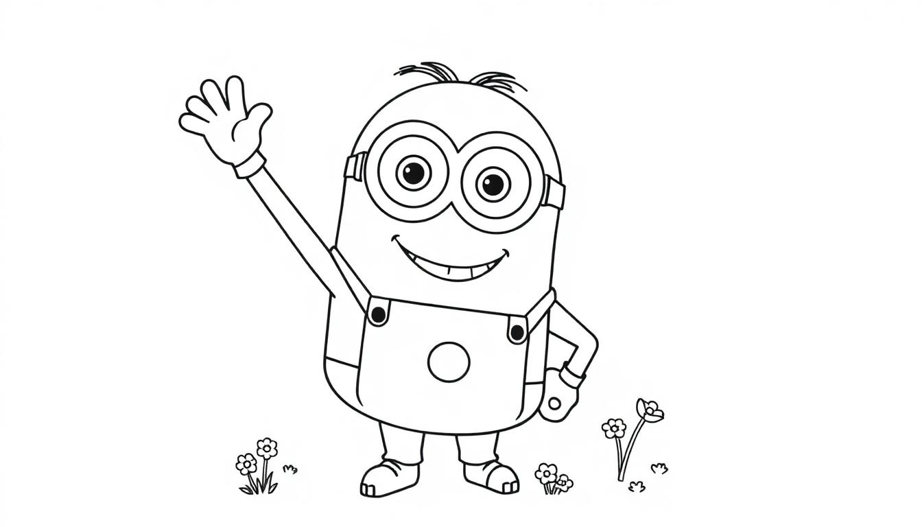 Schwarz-weiße Farbtafel-Zeichnung eines Minions, der winkt.
