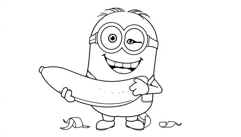 Ein Minion, der eine Banane hält, bereit zum Ausmalen – eine Farbtafel für Kinder.