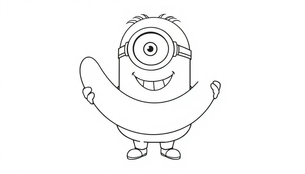 Schwarz-Weiß-Farbtafel eines fröhlichen Minions mit einer großen Banane.