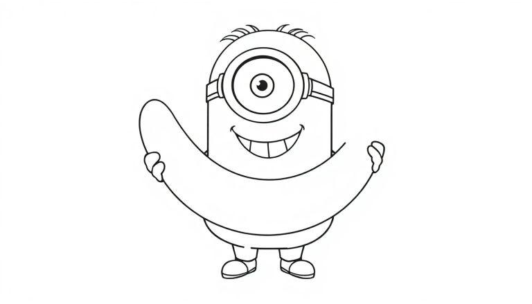 Schwarz-Weiß-Farbtafel eines fröhlichen Minions mit einer großen Banane.