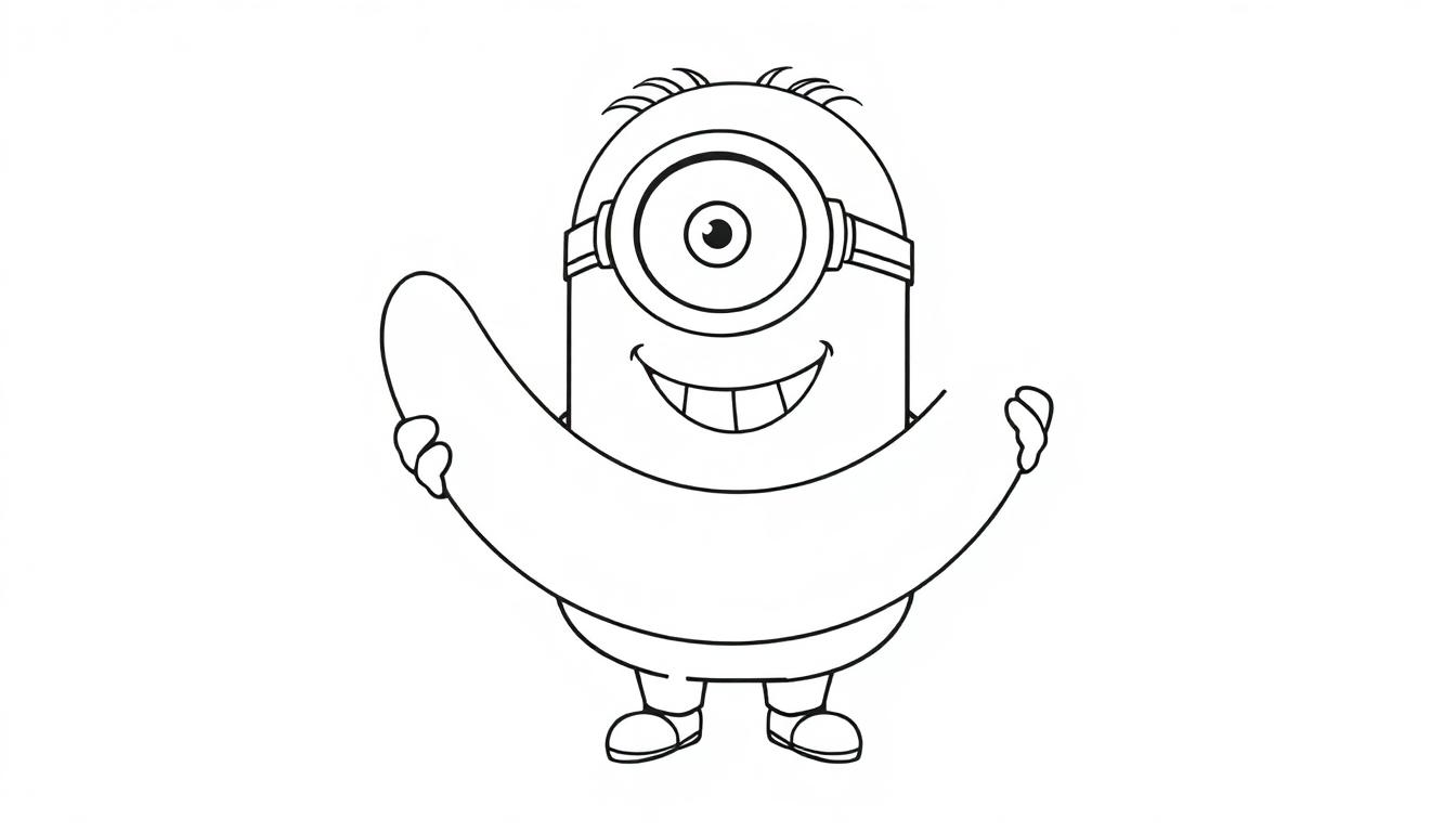 Schwarz-Weiß-Farbtafel eines fröhlichen Minions mit einer großen Banane.