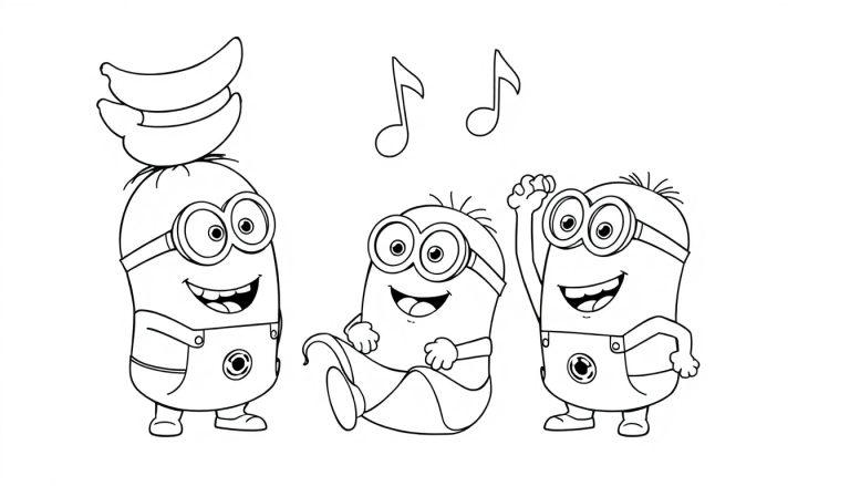 Eine Schwarz-Weiß-Farbtafel von drei Minions, einer balanciert Bananen auf dem Kopf, ein anderer rutscht auf einer Bananenschale aus, und der dritte winkt. Musiknoten schweben über den mittleren beiden.