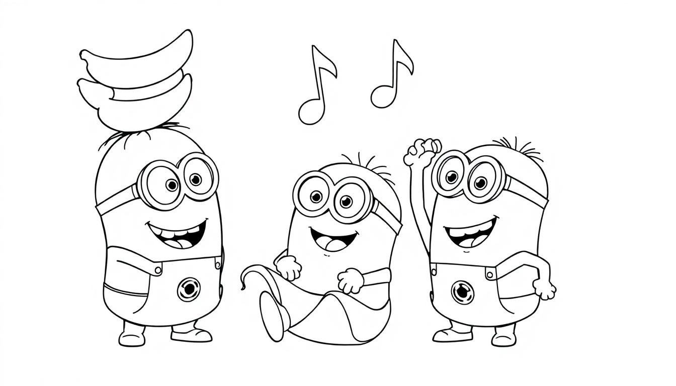 Eine Schwarz-Weiß-Farbtafel von drei Minions, einer balanciert Bananen auf dem Kopf, ein anderer rutscht auf einer Bananenschale aus, und der dritte winkt. Musiknoten schweben über den mittleren beiden.