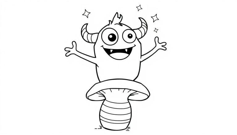 Ein fröhliches, schwarz-weiß gezeichnetes Monster mit Hörnern und großen Augen steht auf einem Pilz, umgeben von Sternen. Ein Bild zum Ausmalen und eine Farbtafel für Kinder.