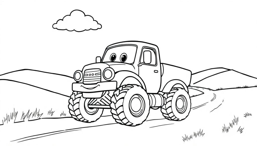 Schwarz-Weiß-Ausmalbild eines freundlichen Monster-Trucks mit großen Rädern, der durch eine hügelige Landschaft fährt.