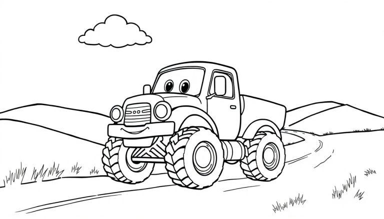 Schwarz-Weiß-Ausmalbild eines freundlichen Monster-Trucks mit großen Rädern, der durch eine hügelige Landschaft fährt.