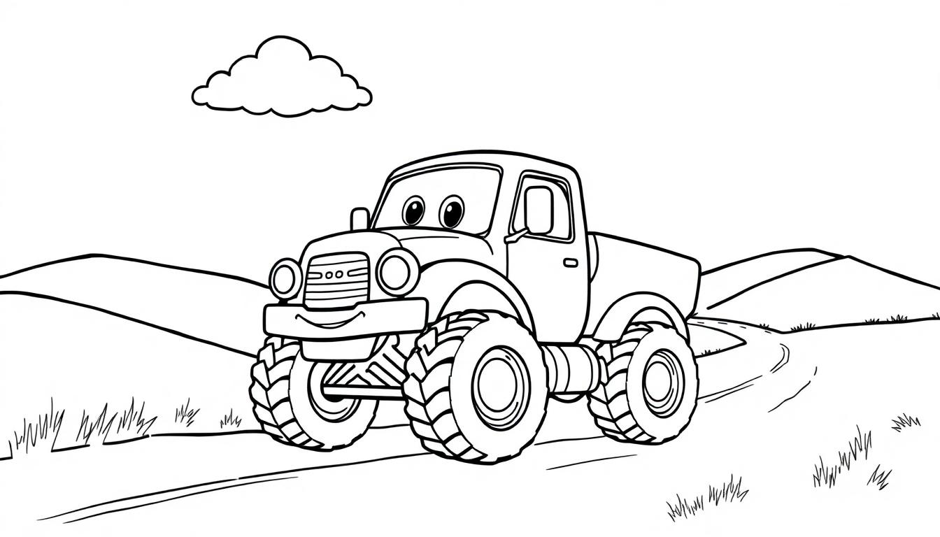 Schwarz-Weiß-Ausmalbild eines freundlichen Monster-Trucks mit großen Rädern, der durch eine hügelige Landschaft fährt.