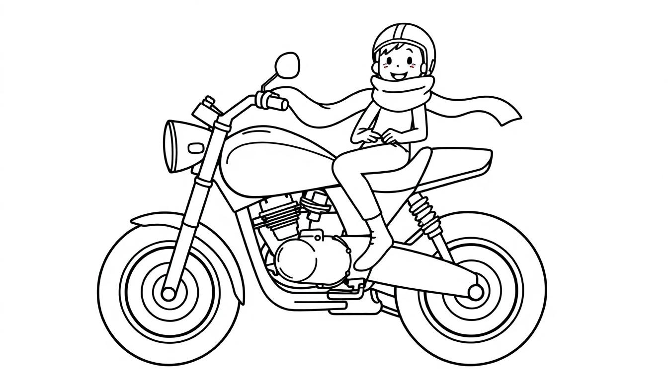 Schwarz-Weiß-Farbtafel: Ein Mädchen mit Helm und Schal sitzt auf einem Motorrad.