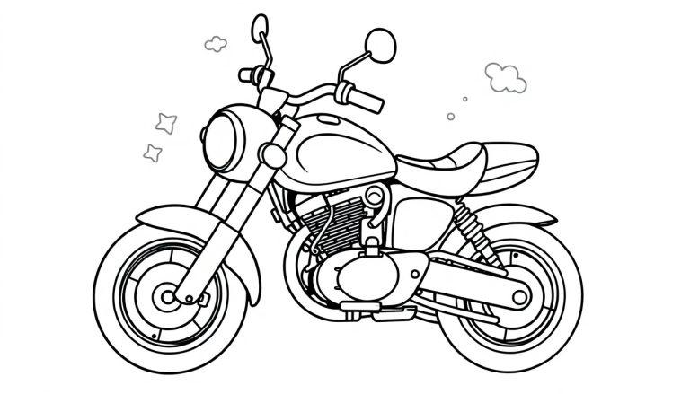 Eine Schwarz-Weiß-Farbtafel eines süßen Motorrads mit vielen coolen Details.