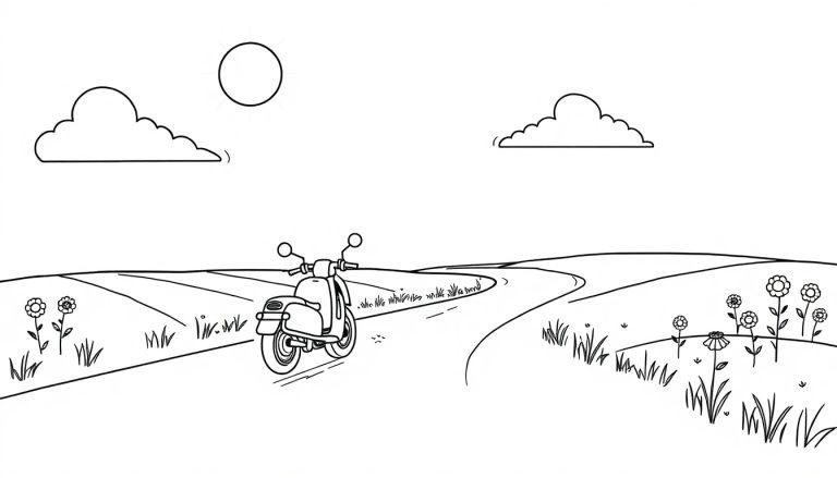 Eine schwarz-weiße Farbtafel mit einem kleinen Motorrad auf einer gewundenen Straße, umgeben von Feldern und einem Hügel im Hintergrund.
