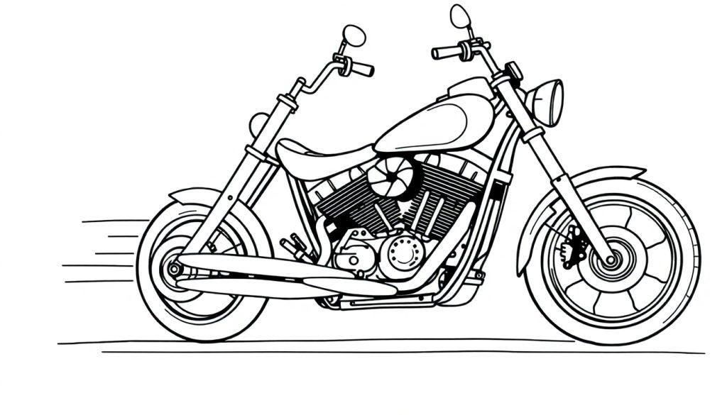 Schwarz-Weiß-Farbtafel-Strichzeichnung eines Motorrads, bereit zum Ausmalen.