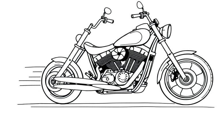 Schwarz-Weiß-Farbtafel-Strichzeichnung eines Motorrads, bereit zum Ausmalen.