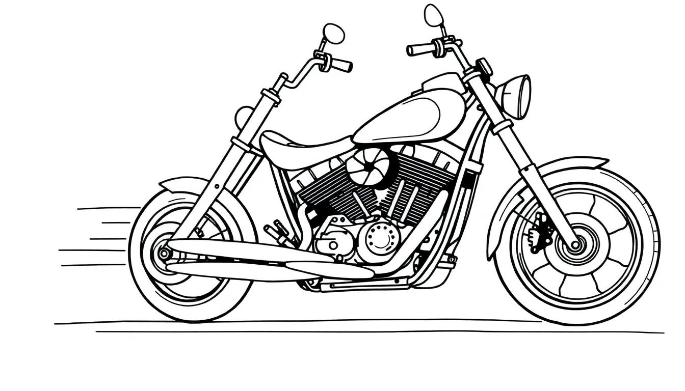 Schwarz-Weiß-Farbtafel-Strichzeichnung eines Motorrads, bereit zum Ausmalen.