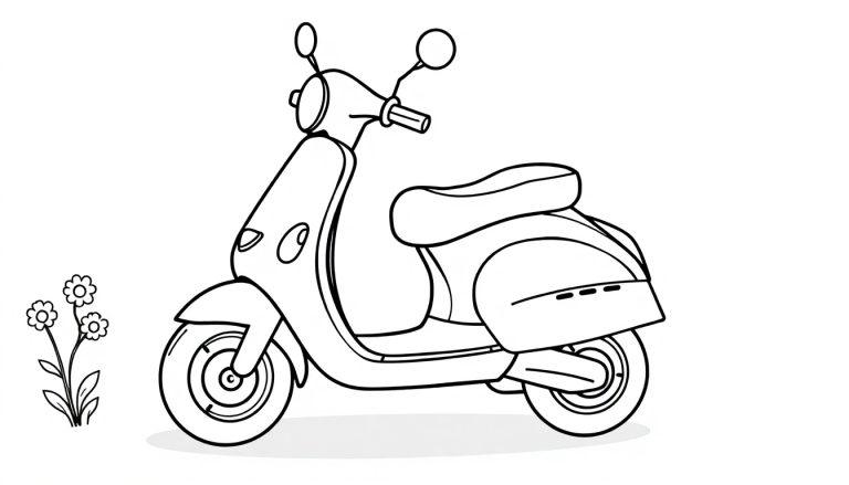 Eine Schwarz-Weiß-Farbtafel eines süßen Motorrollers im klassischen Vespa-Stil mit Blumen daneben, bereit zum Ausmalen.