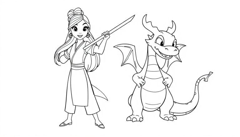 Schwarz-Weiß-Farbtafel: Mulan mit ihrem Drachen Mushu, bereit zum Kampf.