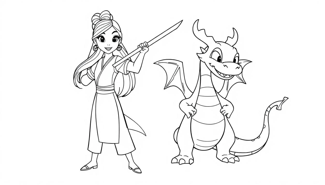 Schwarz-Weiß-Farbtafel: Mulan mit ihrem Drachen Mushu, bereit zum Kampf.