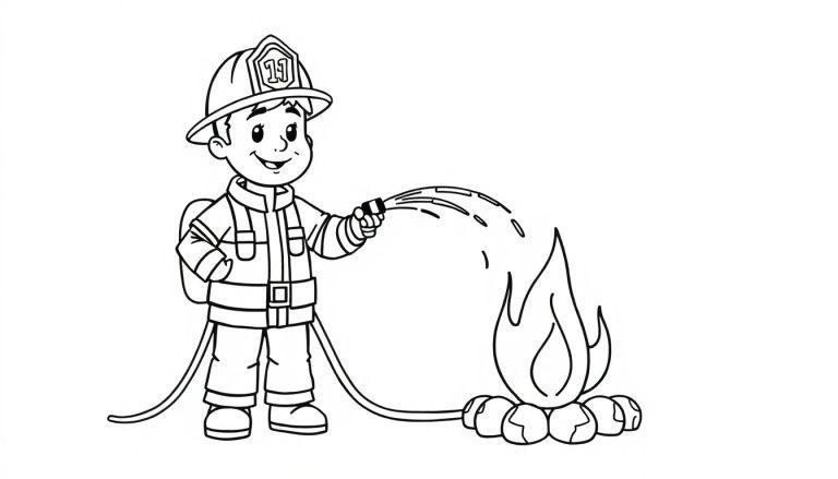 Eine Schwarz-Weiß-Farbtafel eines mutigen jungen Feuerwehrmanns, der einen kleinen Brand löscht, mit der Nummer 11 auf seinem Helm.