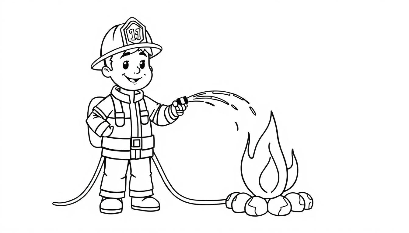 Eine Schwarz-Weiß-Farbtafel eines mutigen jungen Feuerwehrmanns, der einen kleinen Brand löscht, mit der Nummer 11 auf seinem Helm.