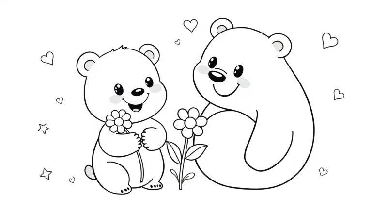 Schwarz-weiße Farbtafel einer liebevollen Mutter-Kind-Bären-Szene mit Blume, Herzen und Sternen für Kinder.