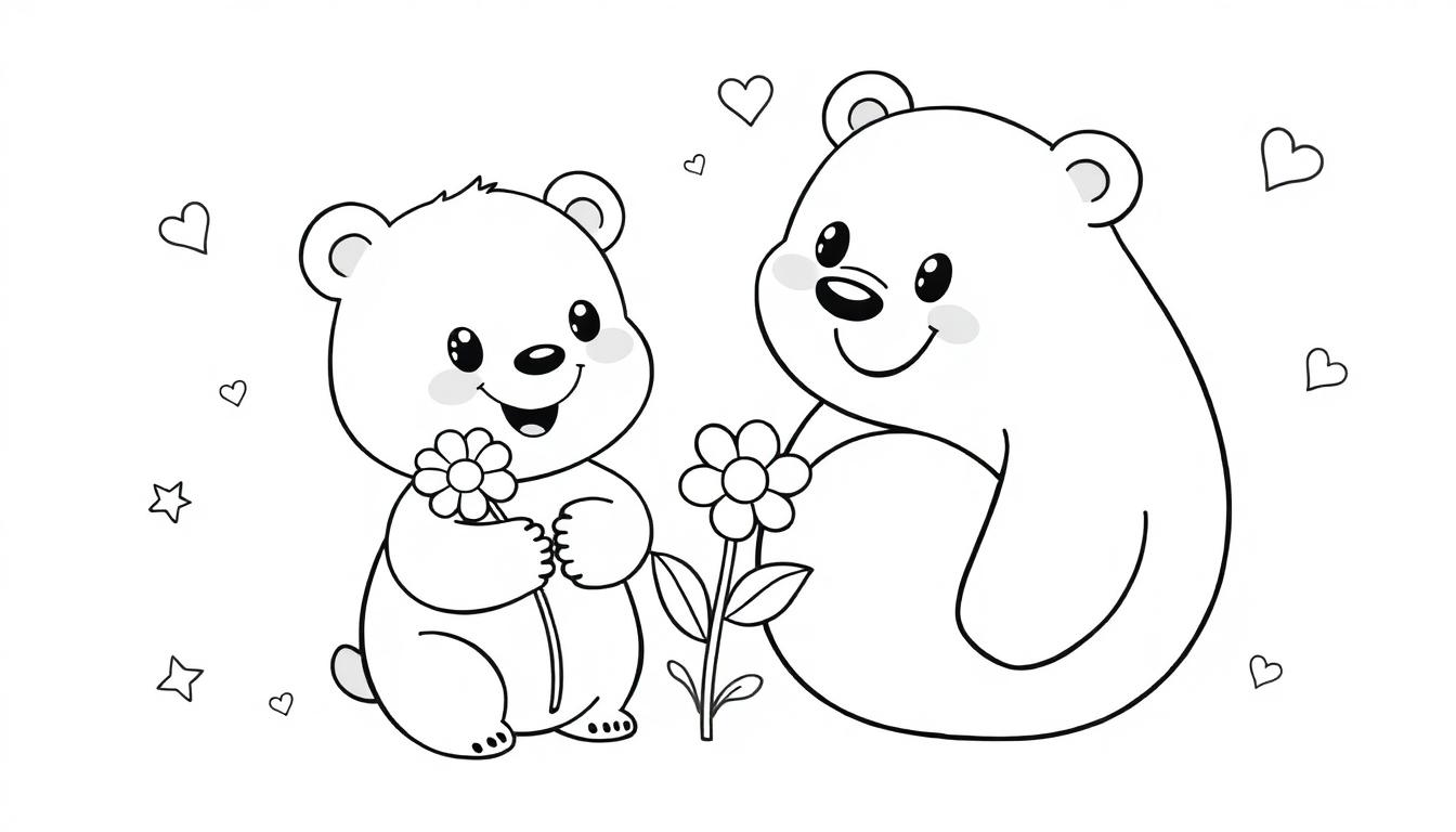 Schwarz-weiße Farbtafel einer liebevollen Mutter-Kind-Bären-Szene mit Blume, Herzen und Sternen für Kinder.