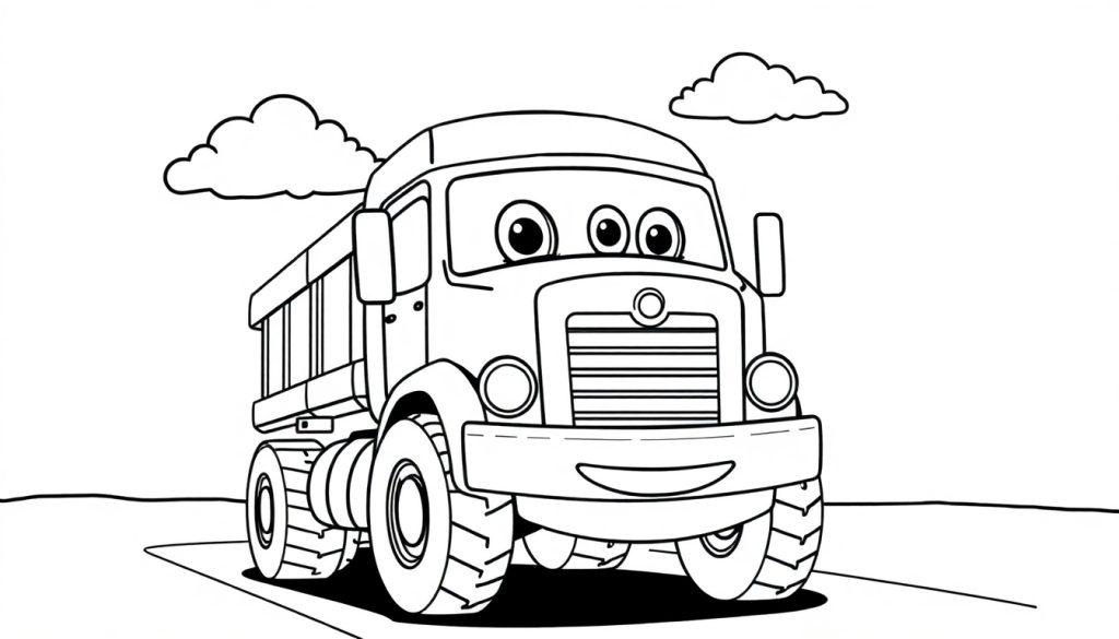 Cartoon-Farbtafel eines freundlichen Müllwagens mit großen Augen und einem Lächeln, bereit zum Ausmalen.